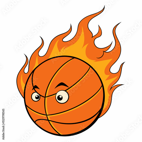 Cartoon basketball character engulfed in orange flames art