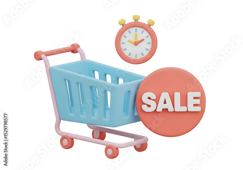3D Cartoon Shopping Cart Sale Timer isolated on a transparent background