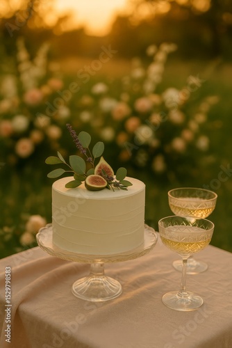 Elegant white cake with fig decoration and champagne in garden setting at sunset