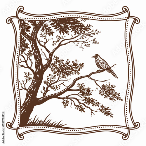 Brown bird perched on a tree branch within a decorative frame illustration