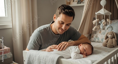 Father watching baby sleep tenderly in nursery

