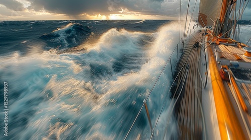 An exhilarating moment aboard a sailboat depicts dramatic waves crashing against the hull, showcasing the beauty and power of the ocean during a perfect sailing day.