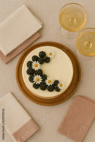Elegant blackberry and daisy decorated cheesecake with vintage glasses on beige table setting