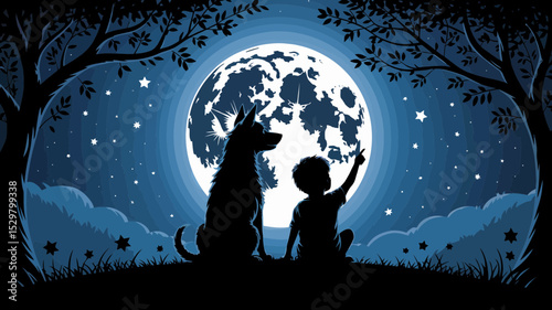 A boy and his dog share a magical moonlit night under starry skies a whimsical design perfect for children's books and branding