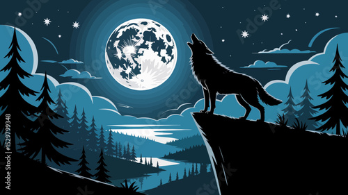 Majestic wolf howling at the moon night sky forest landscape design for branding and logos