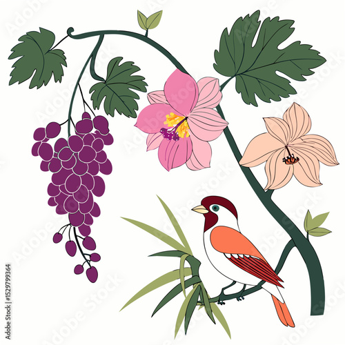 Elegant bird perched on branch with grapes and orchids, transparent background