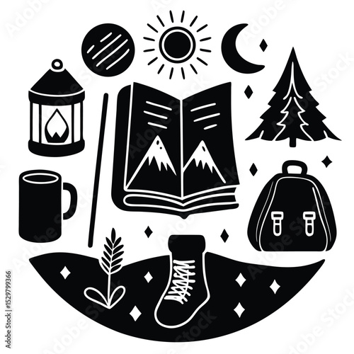 Camping outdoors travel and adventure concept illustration with iconic elements in black and white
