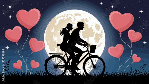 Romantic couple silhouette cycling underneath a full moon with heart balloons a perfect design for valentines day cards and love themed projects