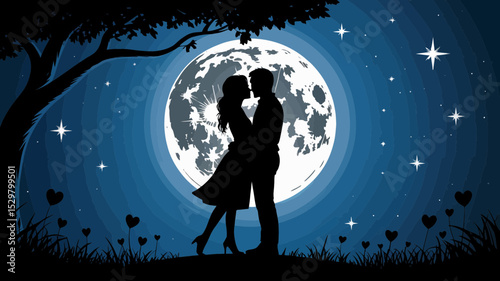 omantic couple silhouette under a full moon night sky design perfect for valentine's day cards, wedding invitations or romantic themed projects