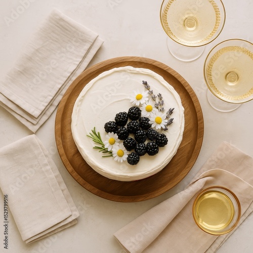 Elegant cake with blackberries and flowers on wooden plate with glasses of white wine