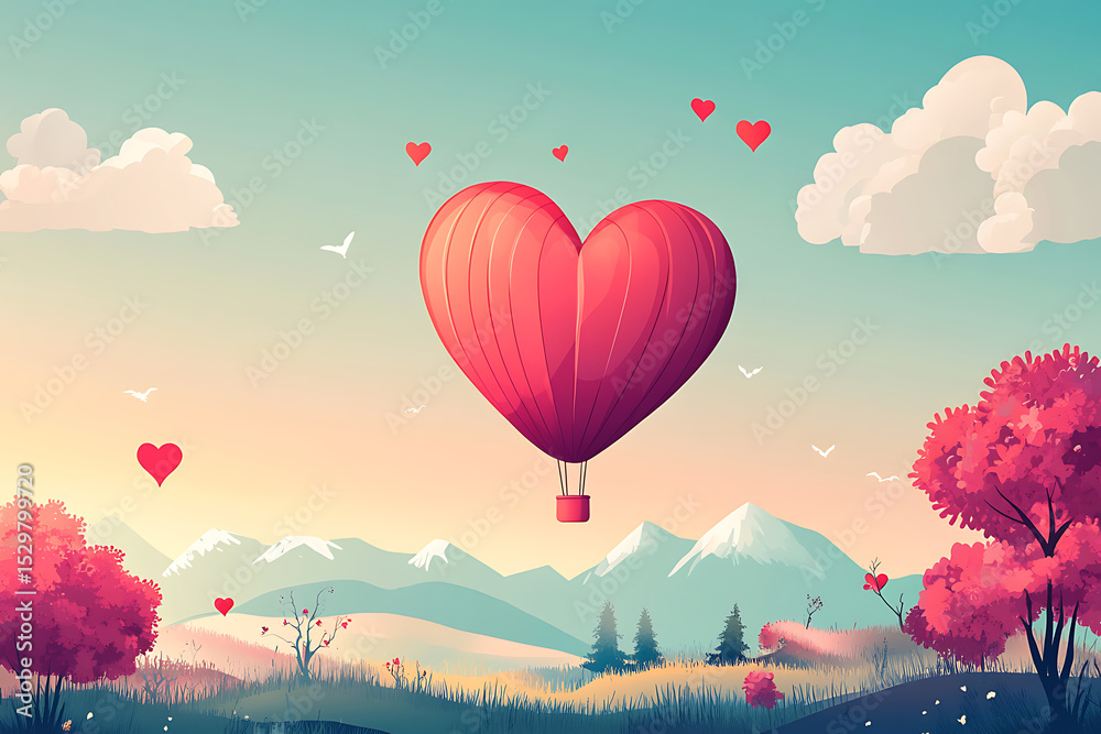 Fototapeta premium A whimsical heart-shaped hot air balloon floats above a serene landscape at sunset, surrounded by love