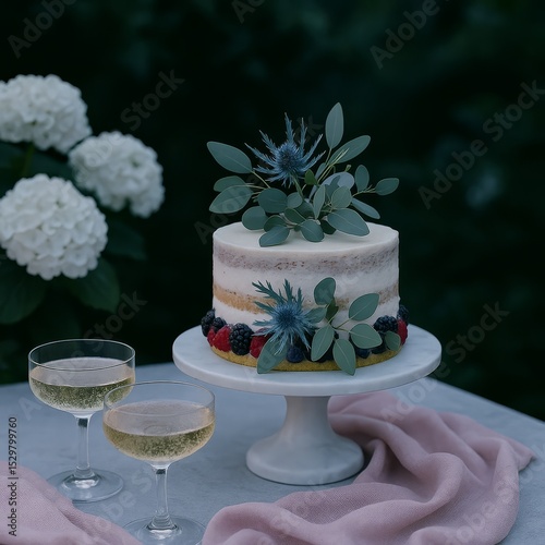 Elegant nude cake with berries and eucalyptus on a pedestal with two glasses of white wine
