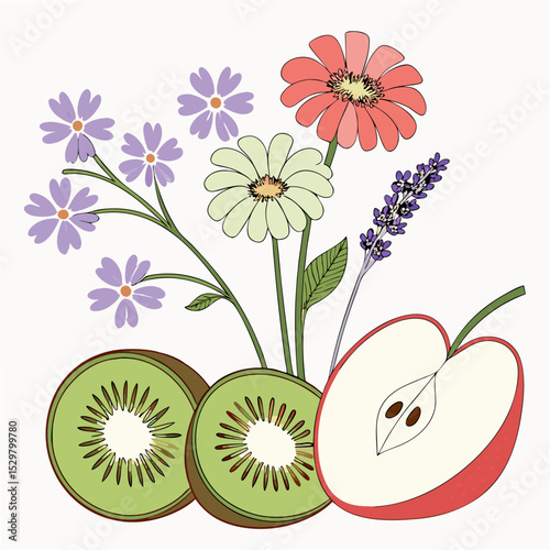 Fresh kiwi apple flowers bouquet isolated illustration design element