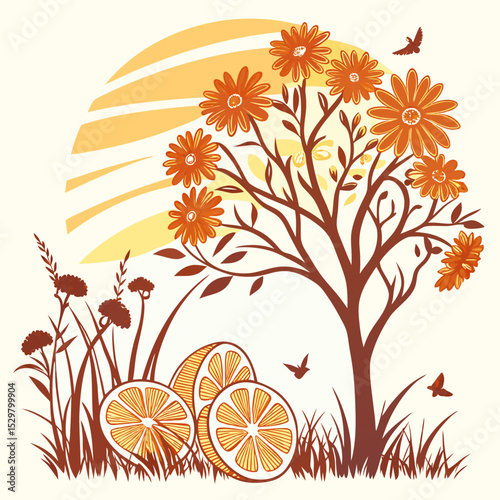 Orange slices under stylized floral tree sunset background