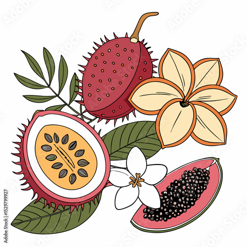 Tropical fruits and flowers illustration exotic rambutan passion fruit papaya plumeria