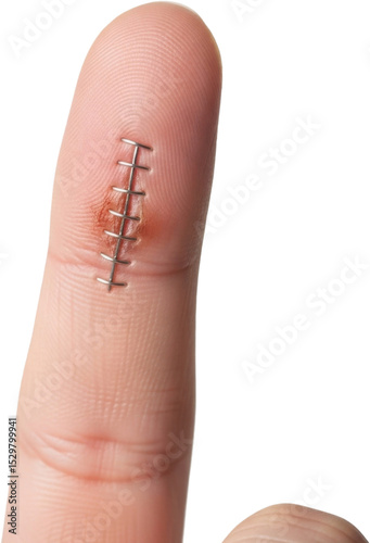 Close-up of a human finger with surgical stitches or sutures on a healing wound, showing medical treatment for a cut or injury with visible skin texture and redness around the area.