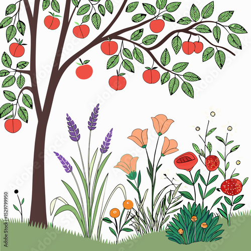 Peach tree blossoms and wildflowers in a garden