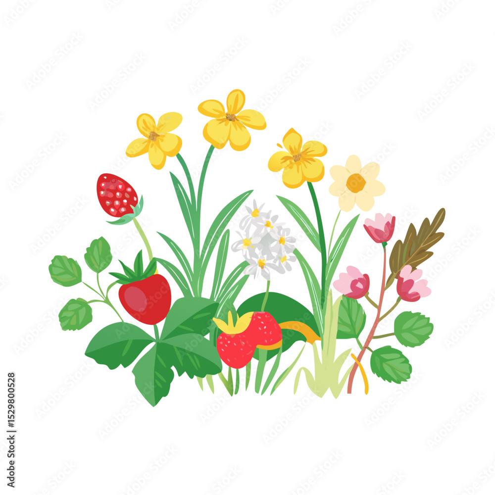 Naklejka premium Vibrant spring flowers and strawberries isolated on white background