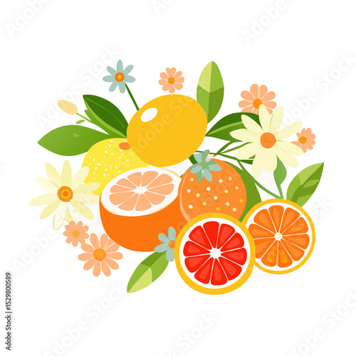 Vibrant citrus fruit and floral arrangement, isolated cutout, transparent background
