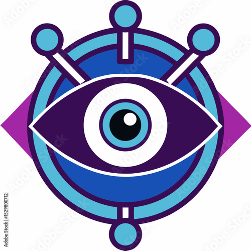 Stylized eye with circular elements and purple accents