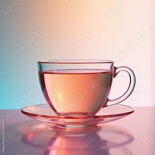 Transparent glass teacup with herbal tea on saucer against colorful background