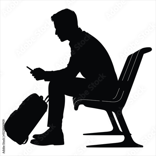 a man sitting on a modern airport bench or seat on white background