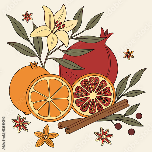Aromatic citrus fruits pomegranate cinnamon flowers design element