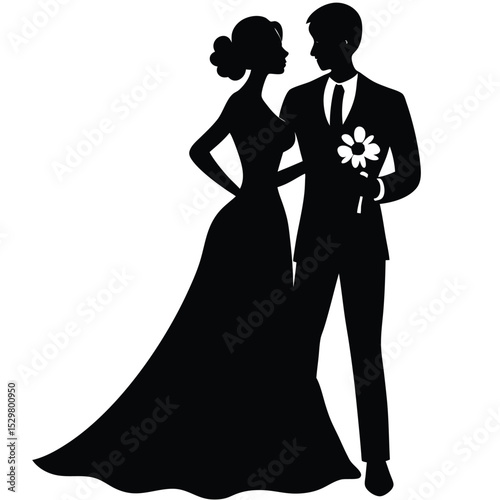 Elegant silhouette of bride and groom standing together for wedding celebration