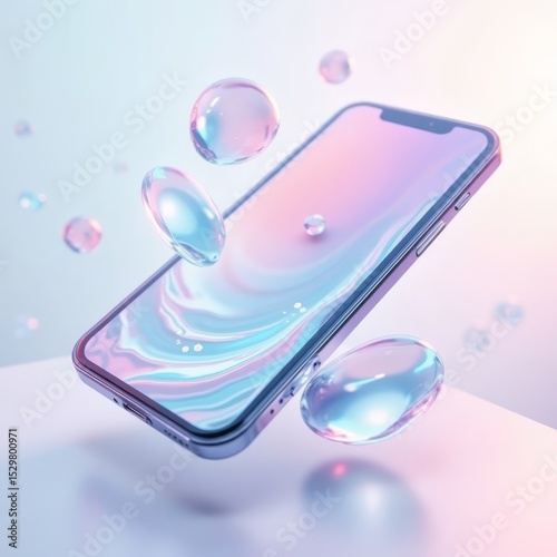 Floating smartphone with colorful gradient and 3d bubbles in futuristic design
