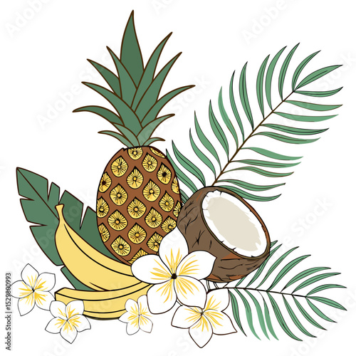 Tropical fruits and flowers composition with clean cutout on white background