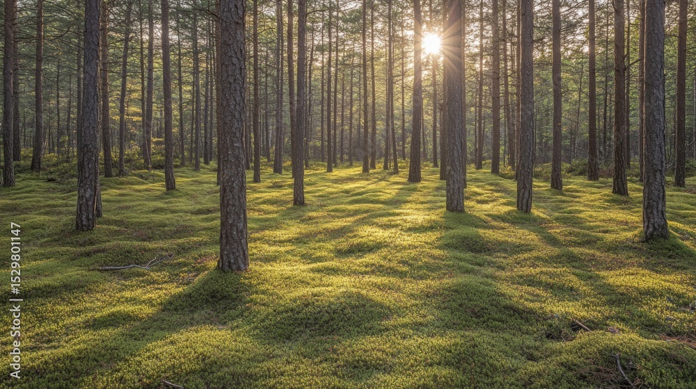 Obraz premium Sunlit Pine Forest: Golden Hour in a Tranquil Woodland