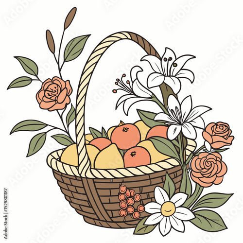 Wicker basket filled with oranges and spring flowers