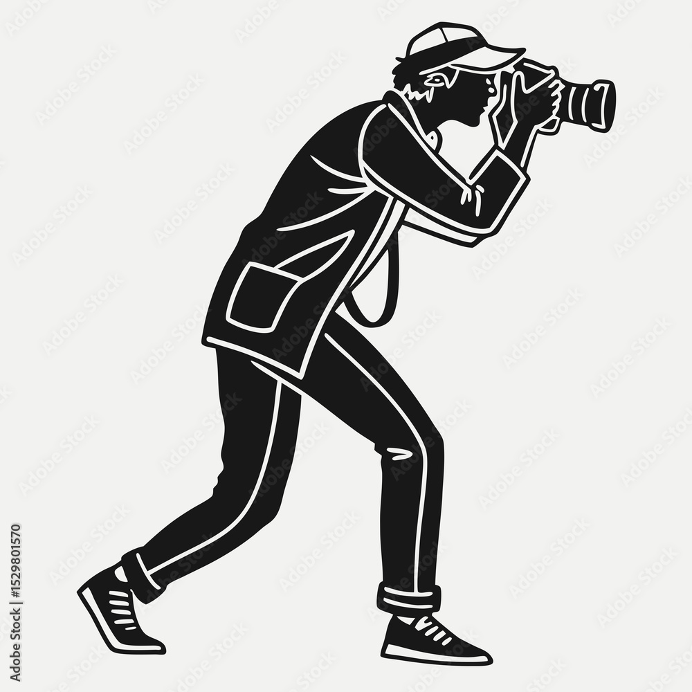 Naklejka premium Photographer capturing a moment stylish black and white illustration