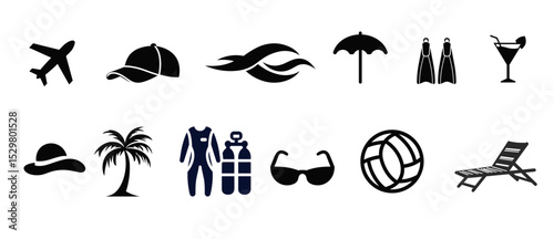 A collection of summer vacation icons on a transparent background