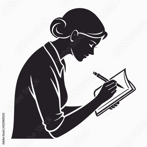 Woman writing in notebook silhouette vector illustration