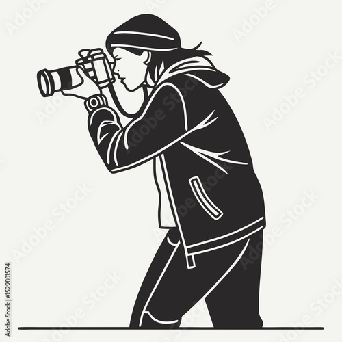 Young photographer woman taking photo dslr camera stylish