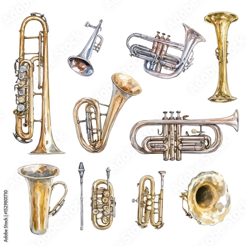 Accessories For Wind Instruments, watercolor clipart vector, isolated on a white background.