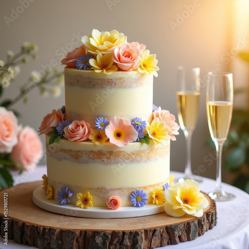 Two-tier floral cake with pastel blooms and champagne glasses on table