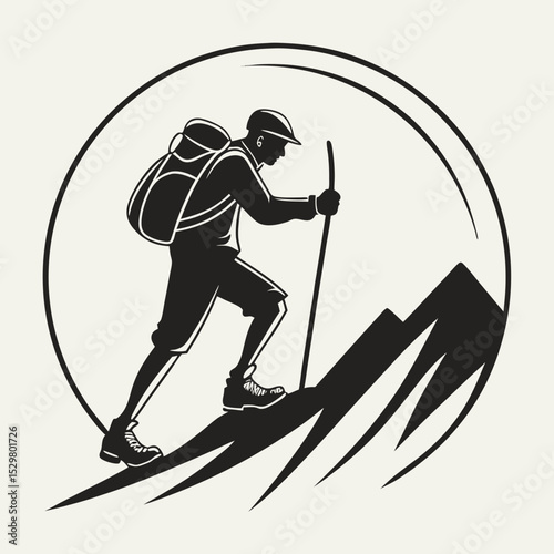 Silhouette of hiker ascending mountain peak with backpack and trekking pole