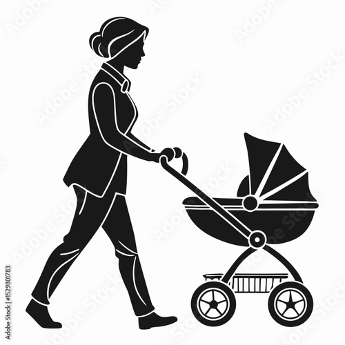 Woman walking with baby stroller silhouette vector illustration