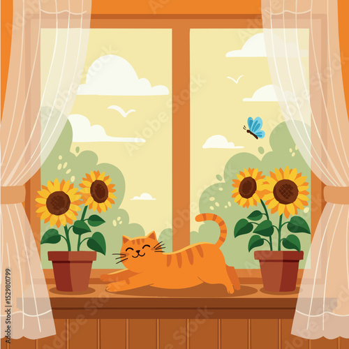 Orange Cat Stretching on Windowsill with Sunflowers and Blue Butterfly Vector Illustration 