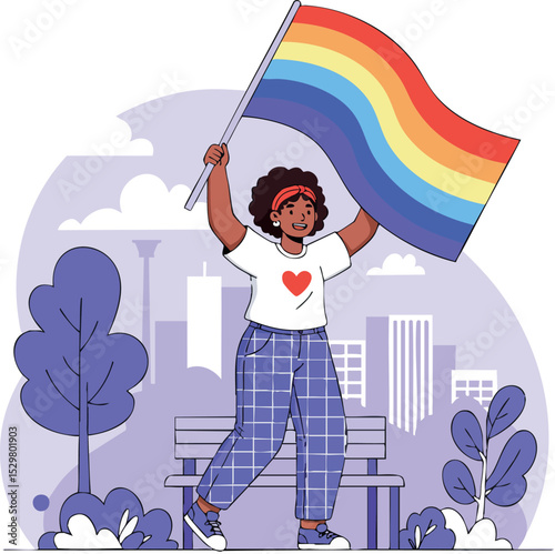 Young person holding rainbow pride flag celebrating inclusivity and diversity in urban park scene 