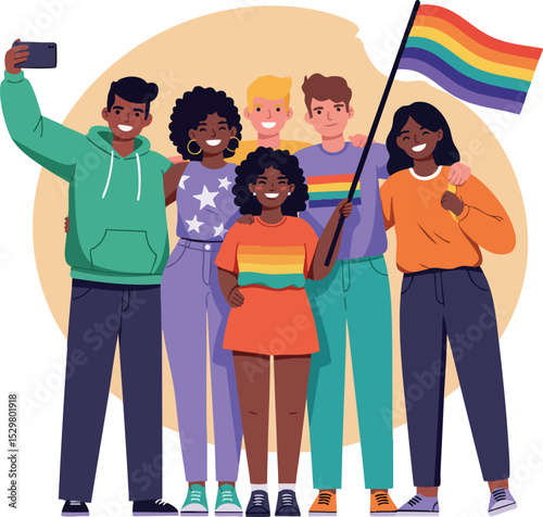 Diverse group of people holding rainbow pride flag taking selfie vector illustration 