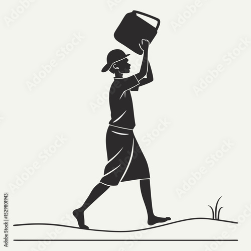 Person carrying water container walking barefoot