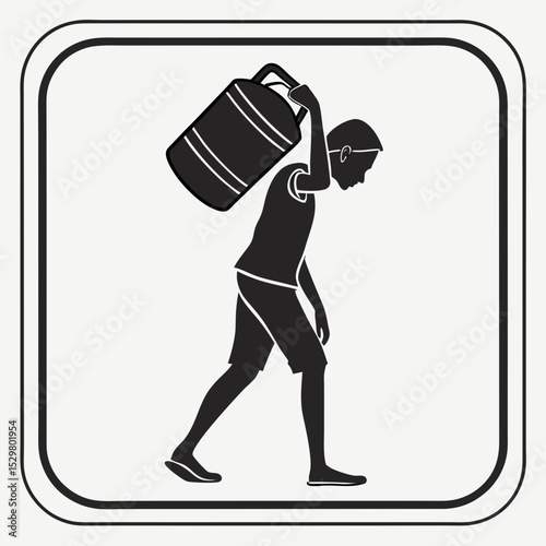 Person carrying heavy water container on shoulder walking