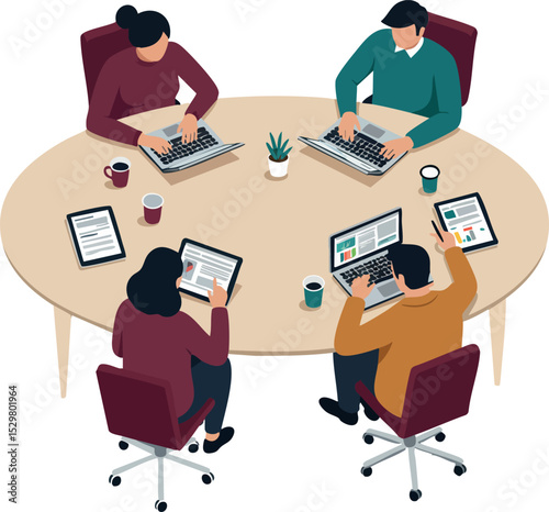 Group of people working on laptops around round table in office environment teamwork collaboration concept 