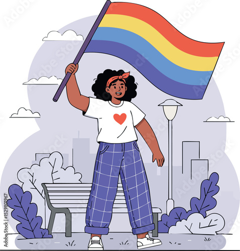 Woman Holding Rainbow Flag in Urban Park Celebrating Pride and Diversity Vector Illustration 