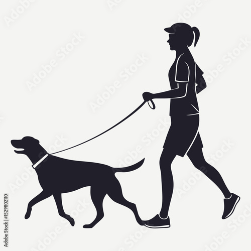 Woman jogging with dog on leash silhouette vector illustration