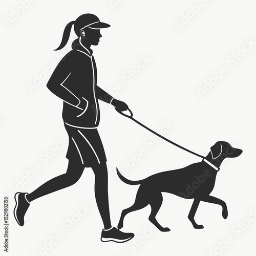 Woman jogging with dog on leash active lifestyle silhouette