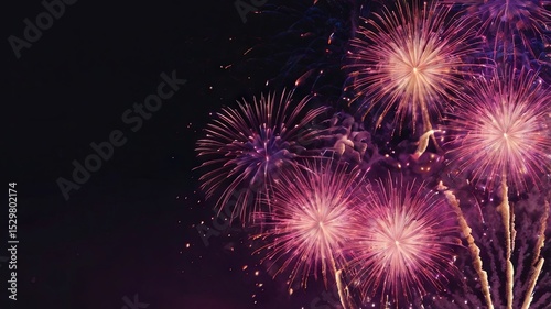 Amazing colorful display of fireworks on black backgound. Celebration concept, banners, cards